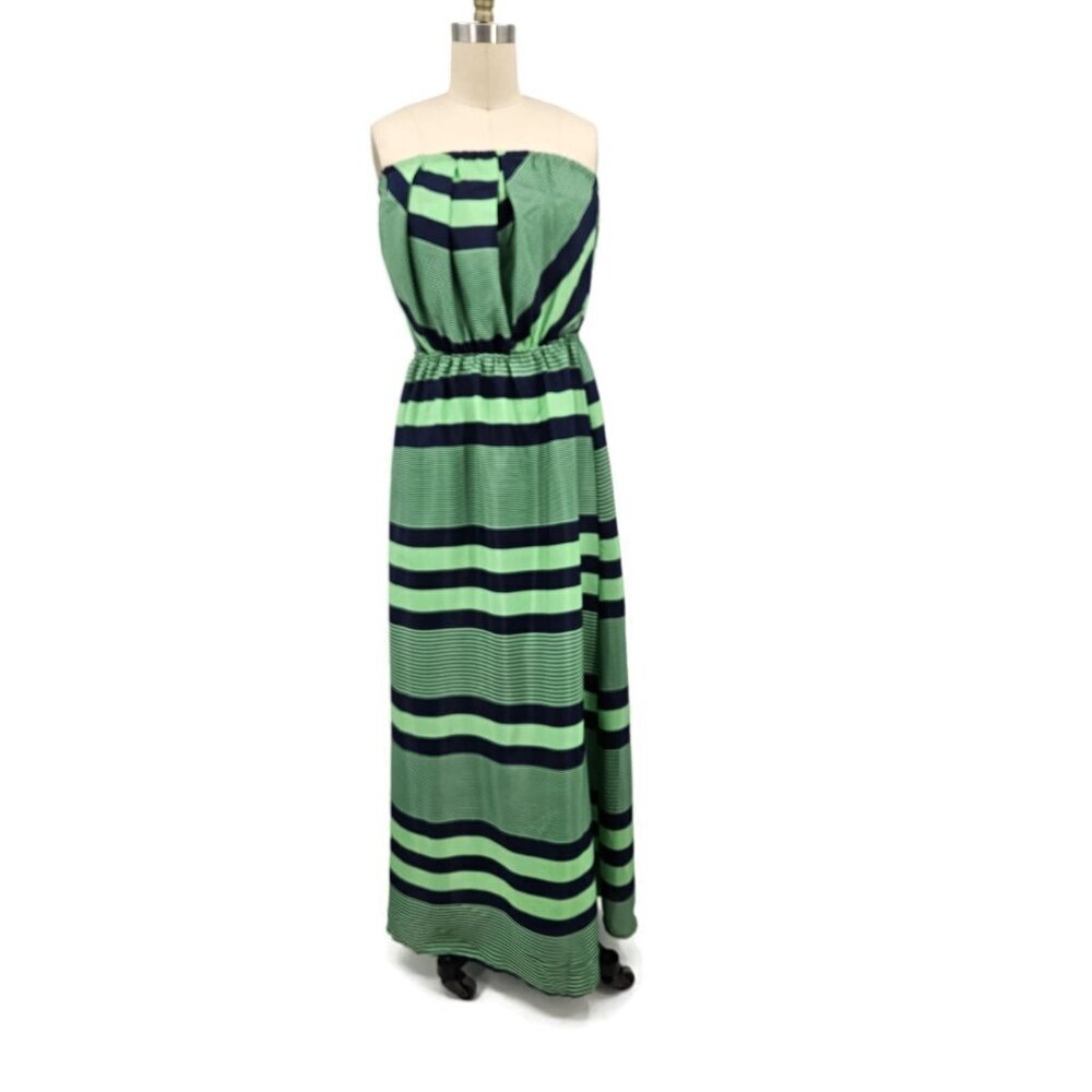 NWOT Sunday in Brooklyn Strapless Maxi Dress Womens L Green Blue Stripe